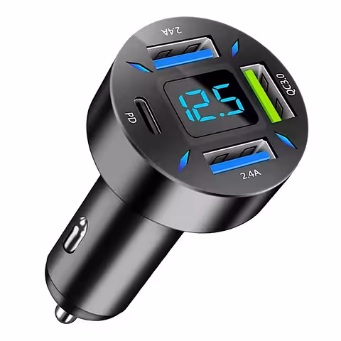 Autós Töltő Digitális Voltmérővel, USB Type-C PD és Quick Charge 3.0 – Gyors Töltés Szivargyújtón 12-24V