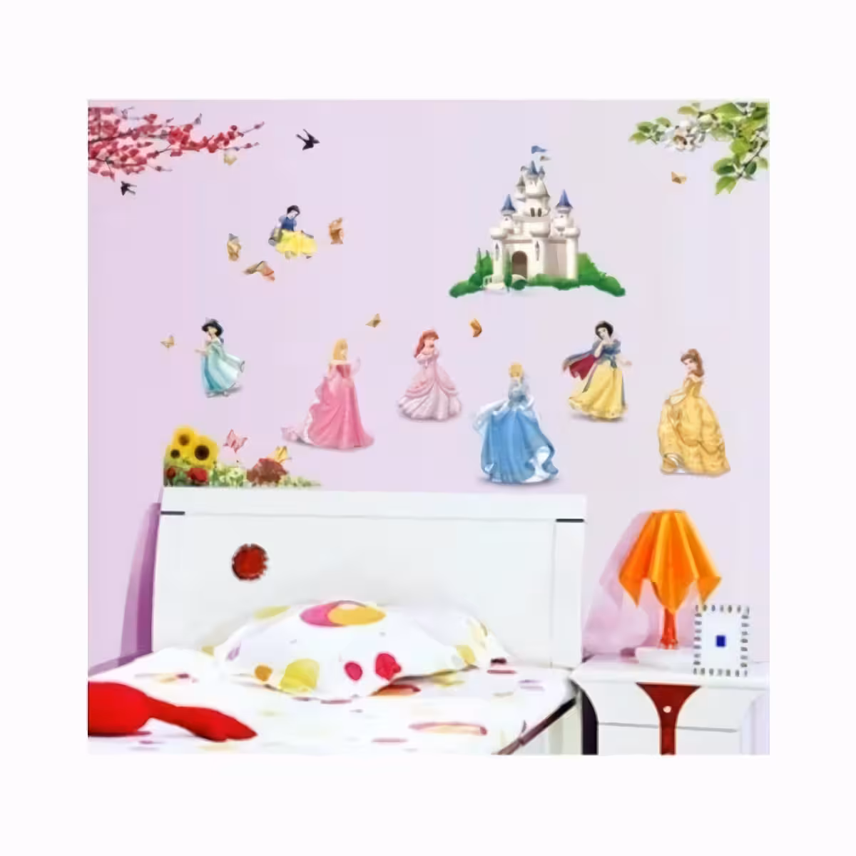 Disney történet szereplői és színes virágok faldekoráció