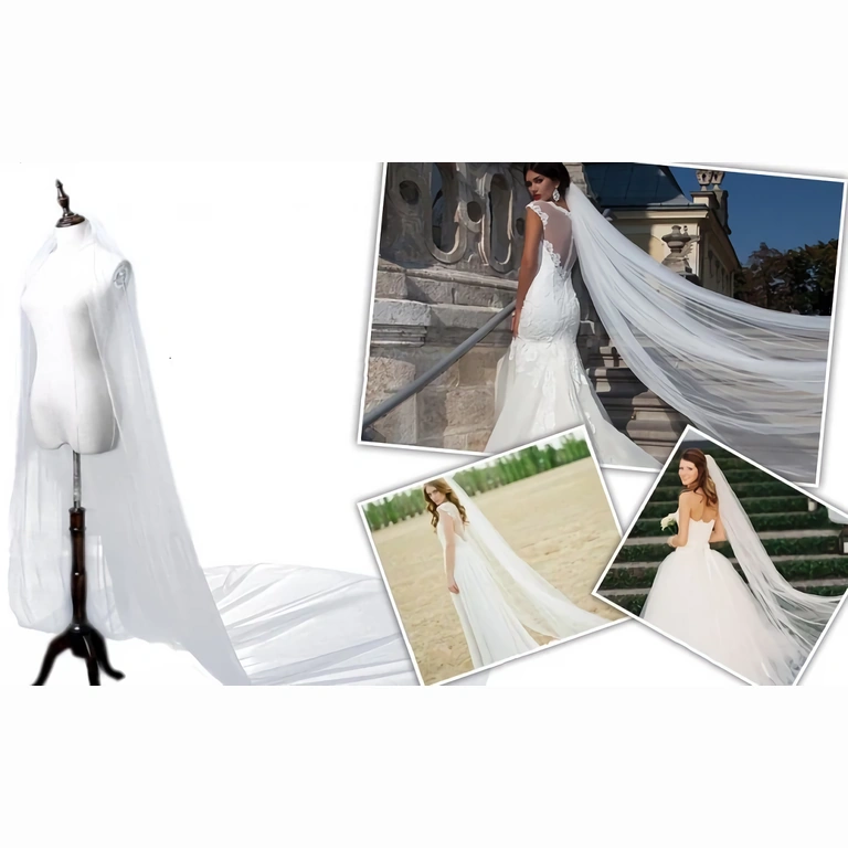 Hosszú fehér fátyol, amely eleganciát és titokzatosságot ad a menyasszonynak
