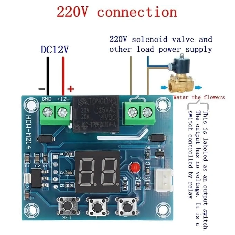 Talajnedvesség érzékelő 220V csatlakoztatása XH-M214 modul 220V hálózatra csatlakoztatva az elektromos szelep vezérléséhez