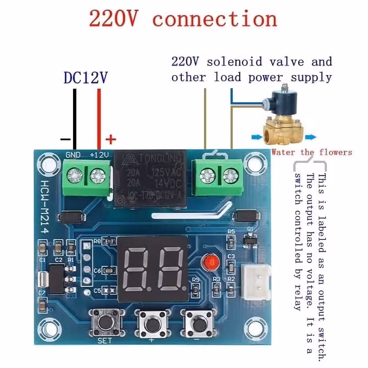 XH-M214 modul 220V hálózatra csatlakoztatva az elektromos szelep vezérléséhez