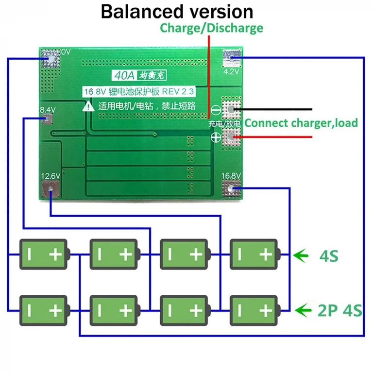 Részletes csatlakozási diagram Li-ion 4S akkumulátor védelmi modulhoz