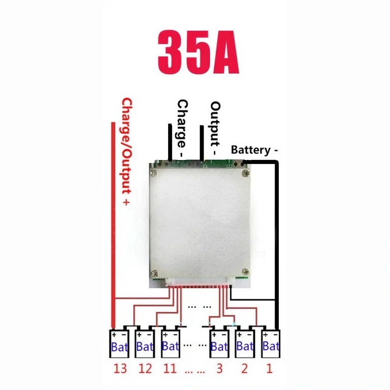 Csatlakozási diagram a 13S BMS modulhoz – helyes kábelezés Li-Ion akkumulátorokhoz