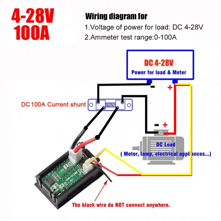 DC 4-28V volt/ampermérő bekötési rajz Vezetékdiagram 4–28V tápfeszültséghez