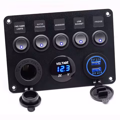 Autós Kapcsolótábla 5 ON/OFF Gombbal, Voltmérővel, USB Töltővel és Aljzattal – 12V/24V, IP65 Vízálló