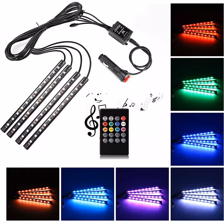 Autós hangulatvilágítás – RGB LED szalag készlet belső világításhoz hangérzékelővel