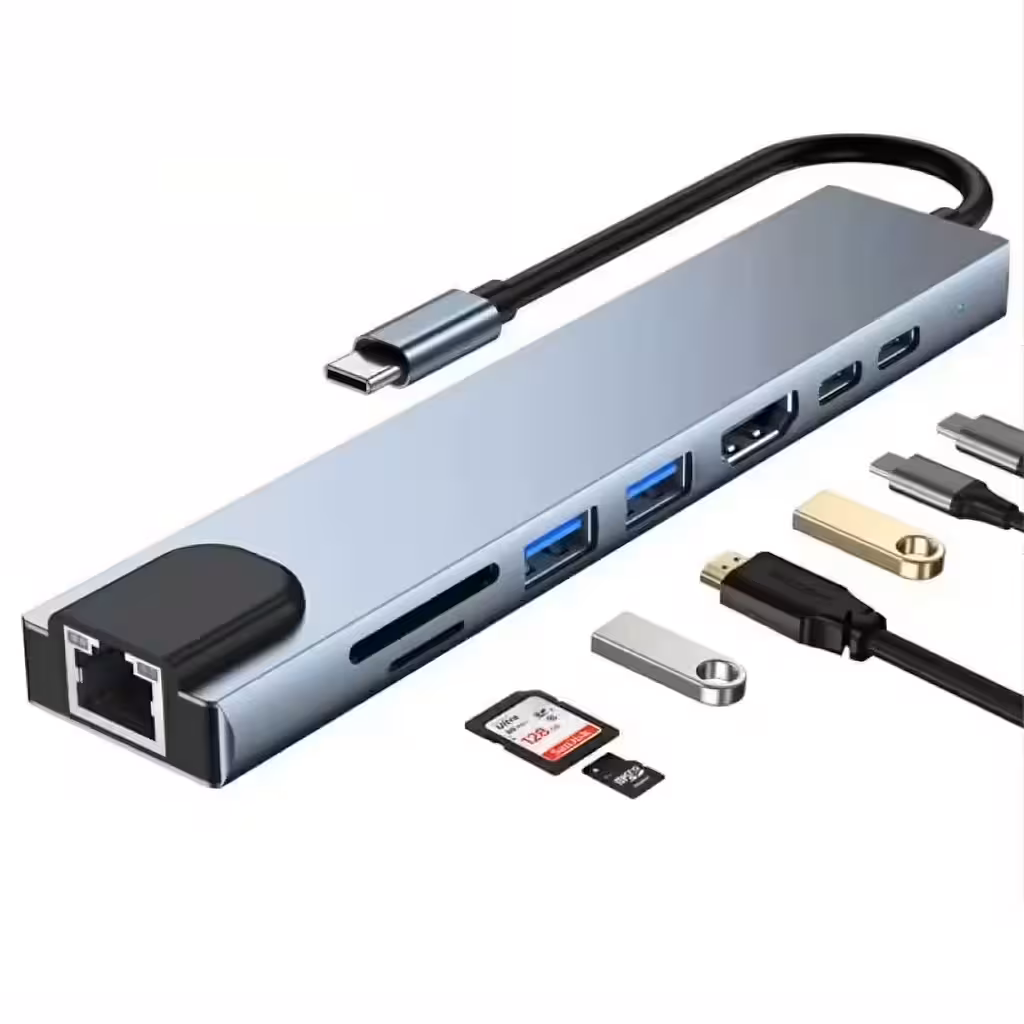 USB-C Hub 8 az 1-ben HDMI 4K, RJ45, USB 3.0 és Power Delivery – MacBook, Dell, Lenovo kompatibilis