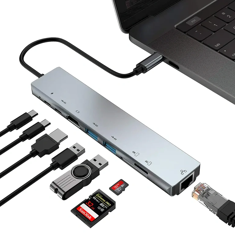Multifunkciós USB-C adapter laptophoz USB-C adapter HDMI, RJ45, USB és kártyaolvasó laptopokhoz