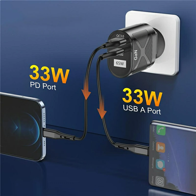 Kompakt töltő két porttal Kompakt GaN töltő USB-C és USB-A portokkal, ideális utazáshoz