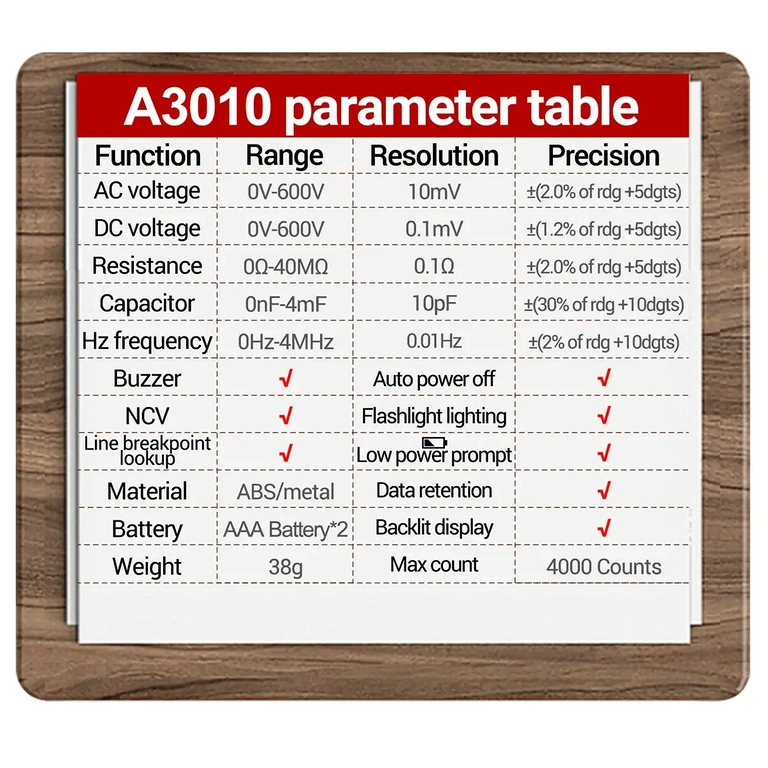 Műszaki adatokat tartalmazó táblázat az autó feszültségteszterről – AC/DC feszültség, ellenállás, frekvencia