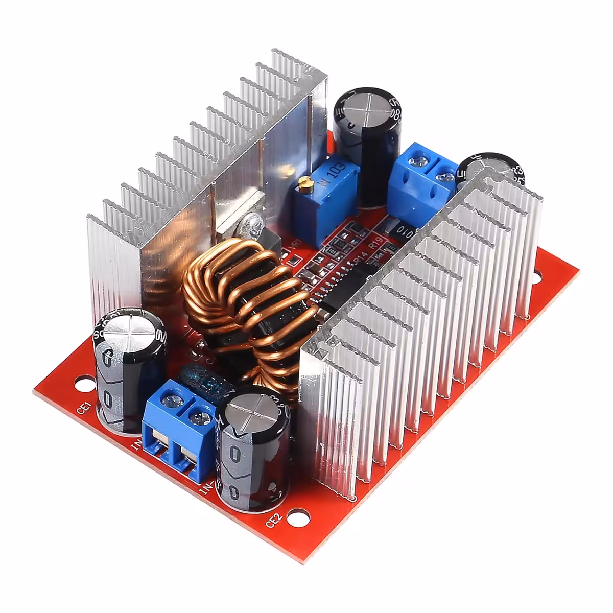 Step-up Boost DC 400W modul oldalnézet, 15A áram és DC 8,5V-50V bemeneti, 10V-60V kimeneti feszültség specifikációkkal
