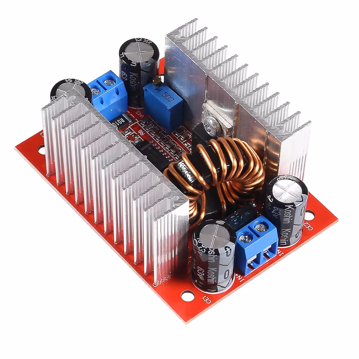 Step-up Boost DC 400W modul felülnézet, bemeneti feszültség részletekkel (DC 8,5V-50V)