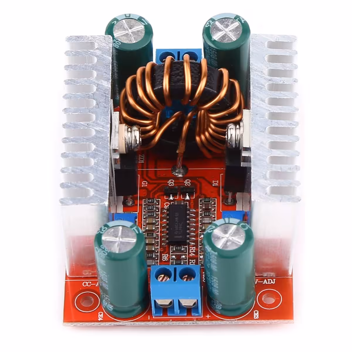 Step-up Boost DC 400W modul ferde nézetből, részletekkel