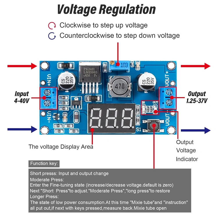 Példa az LM2596 modul bemenet és kimenet csatlakoztatására