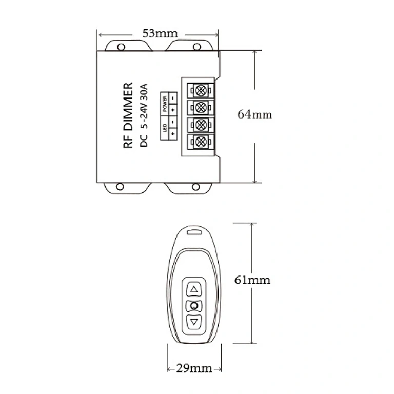 LED szalag dimmer pontos méretek 5V 12V 24V 30A