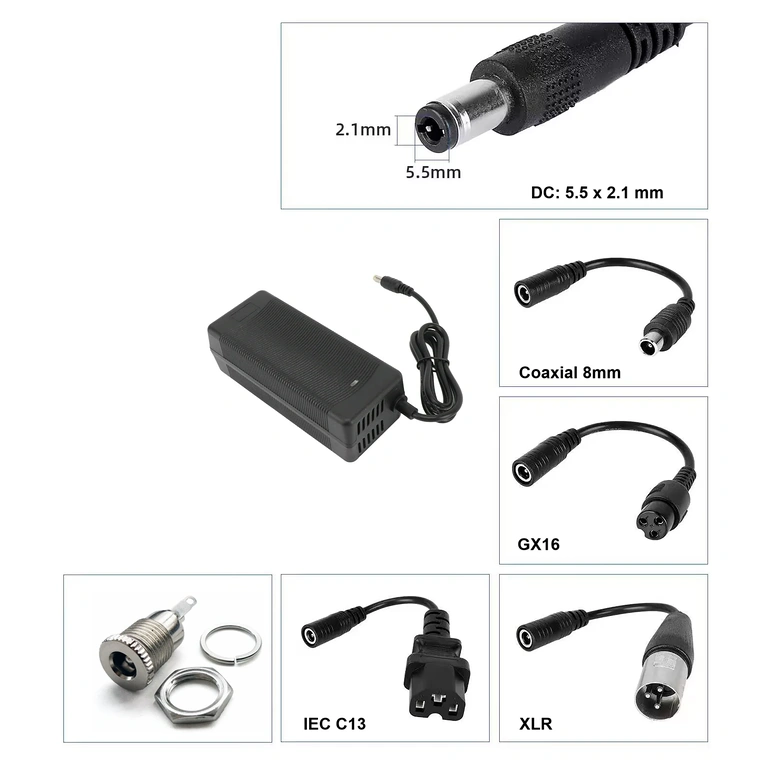 36V–42V 3A töltő DC 5,5×2,1 mm csatlakozóval, kompatibilis rollerekkel és kerékpárokkal