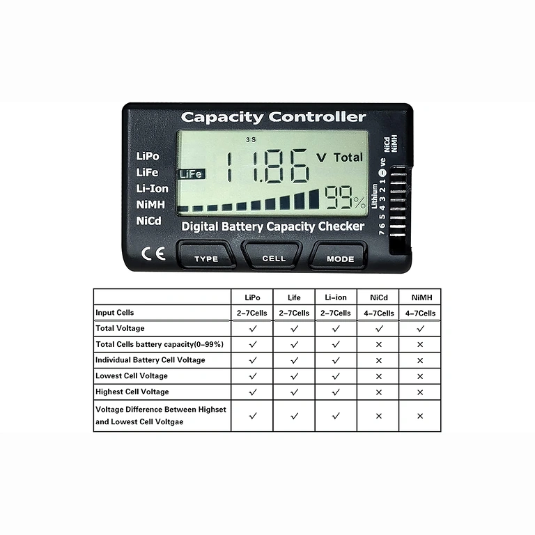 Nagy pontosságú 2–7S akkumulátor teszter Digitális 2–7S Li-Ion, LiPo, LiFe teszter magas pontossággal