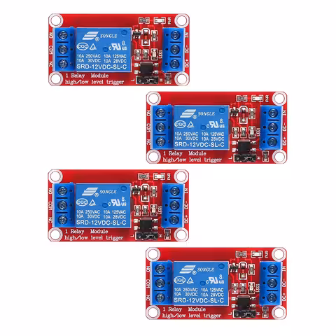 4 darabos készlet: vezérlő relé 5V / 12V optocsatolóval – 1 csatornás modul, NC/NO, High/Low trigger, 10A