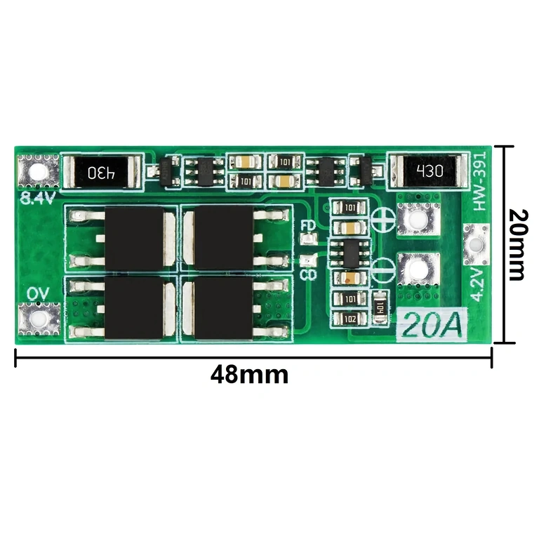 BMS 2S 20A 7.4V modul pontos méretei, kompatibilitás ellenőrzéshez