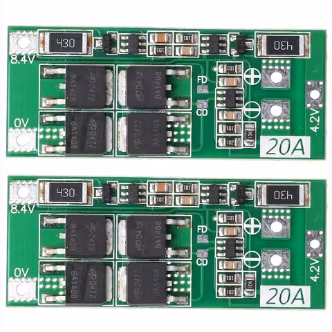 2 darabos készlet – BMS modul 2S 20A 7.4V kiegyenlítéssel – kapcsolási rajzzal