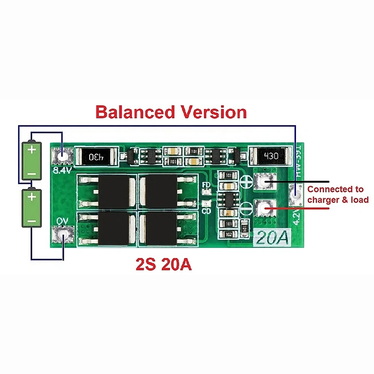 BMS 2S 20A 7.4V modul részletes bekötése, akkumulátor és kimenet kapcsolatok