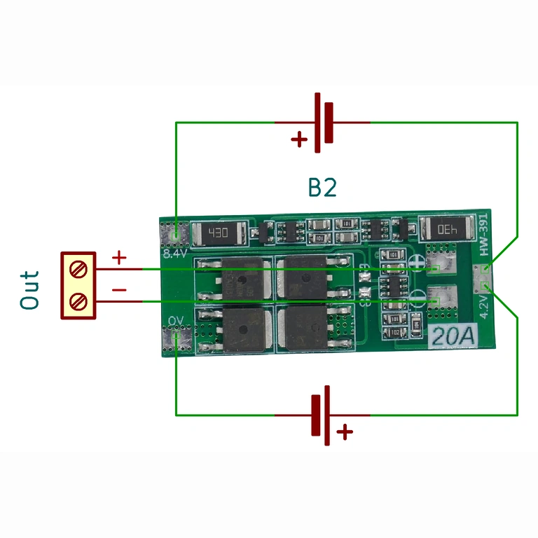 BMS 2S 20A modul elektromos rajz, helyes Li-ion csomag bekötéshez