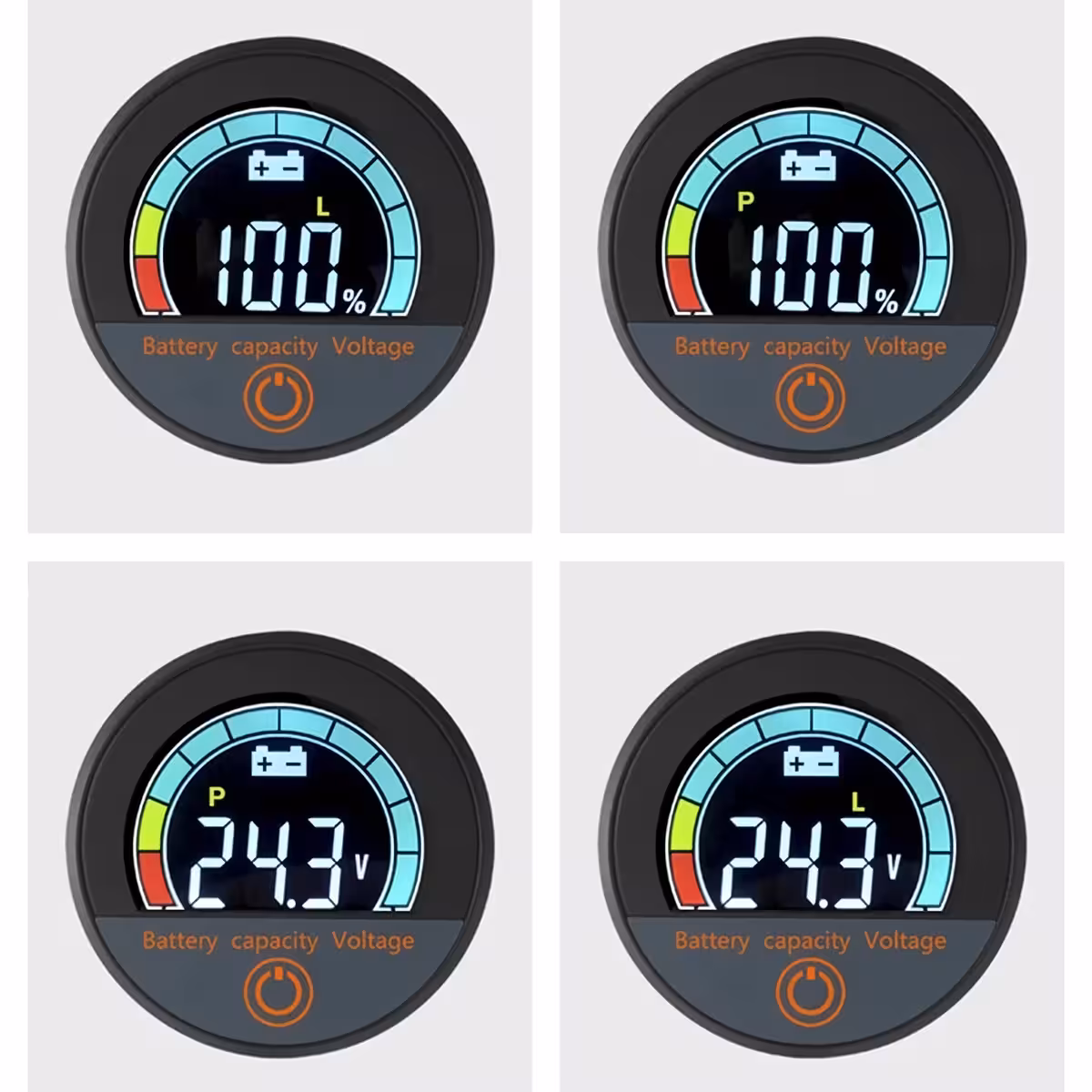 LCD színes kijelző közelről, feszültség és akkumulátor százalék, Li-ion és LiFePO4 12V–72V