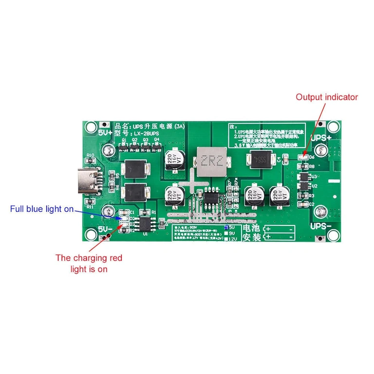 Mini UPS modul bicolor LED (piros/zöld) akkumulátor állapot és töltés jelzésére