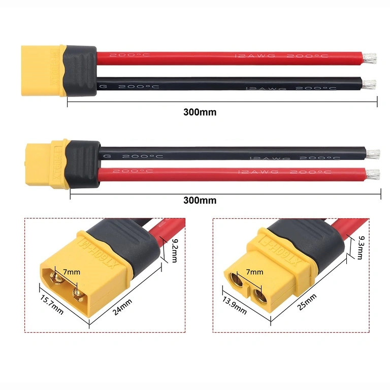 XT60 csatlakozó anya és apa méretezési vázlata