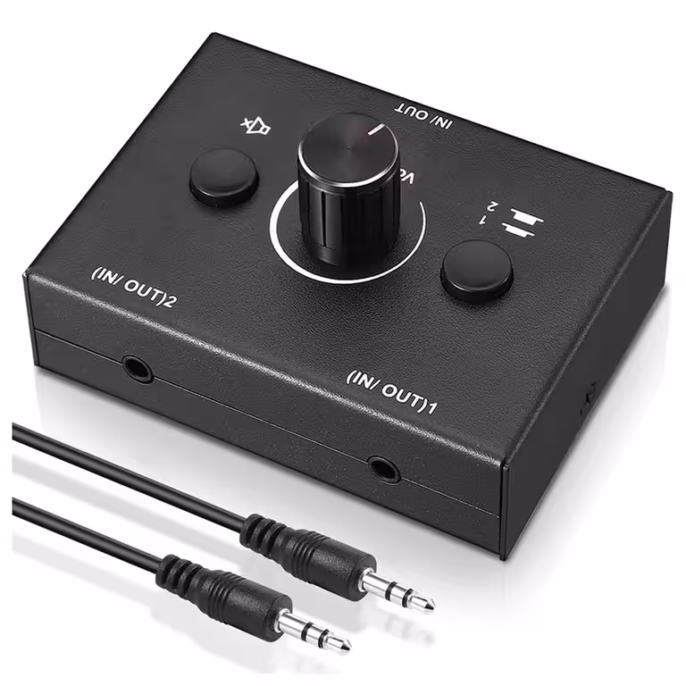 Sztereó HiFi audio kapcsoló – audio switcher forrásválasztóval, hangszóró jelkezeléssel és RCA / 3.5 mm jack splitterrel